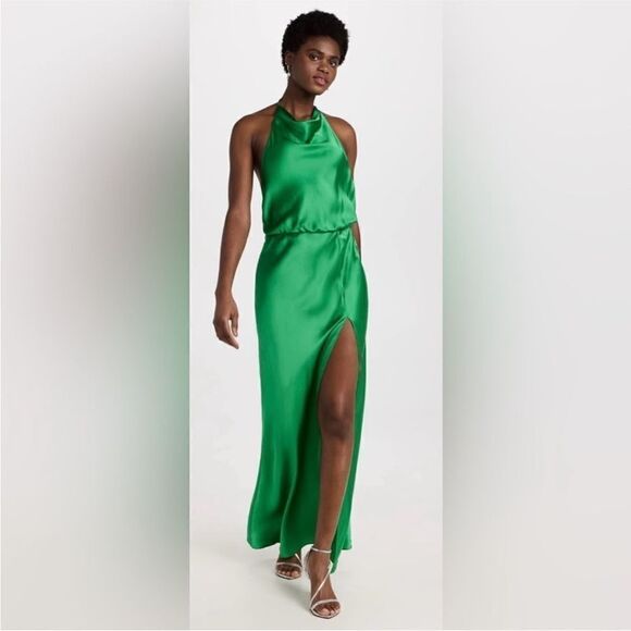 Amanda Uprichard Elegant Green Satin  100% silk Halter Dress, XS - Picture 2 of 16